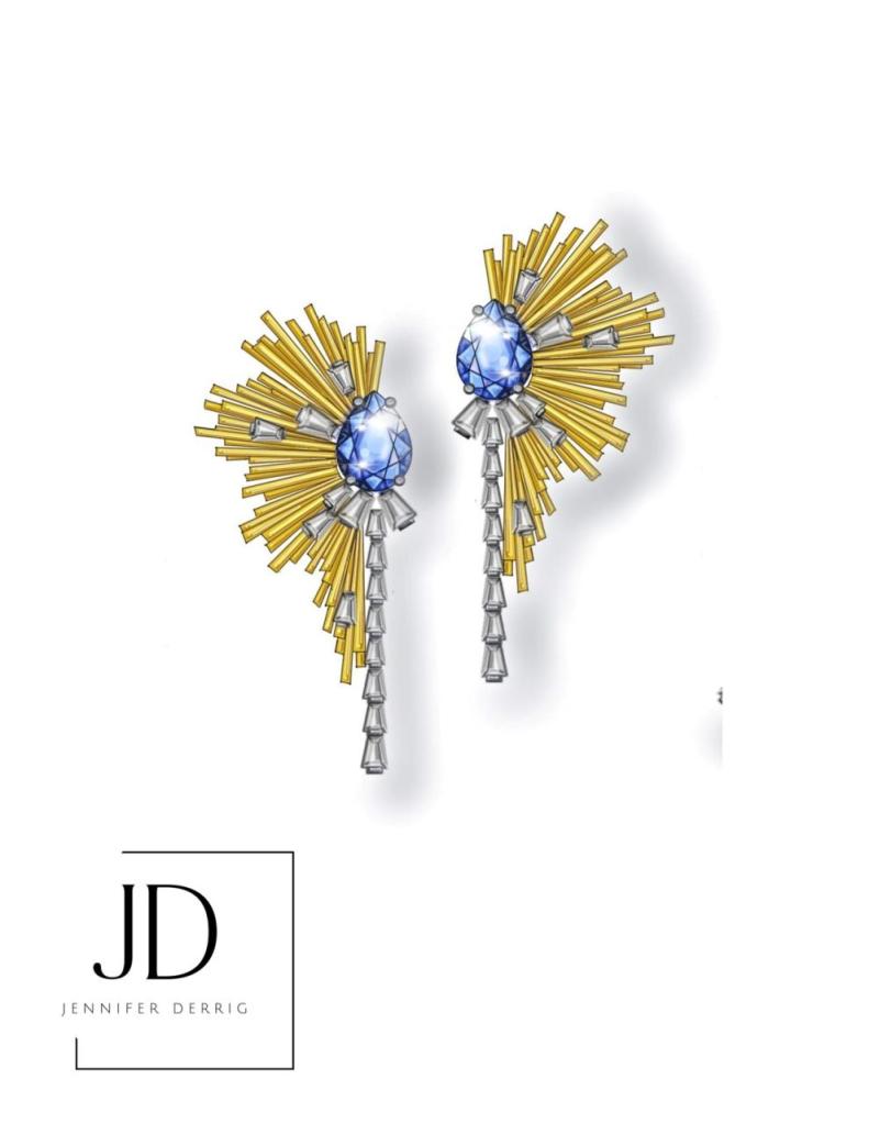 Jennifer Derrig jewelry design rendering: pear-shaped sapphire sunburst earrings with gold rays and a cascade of diamond baguettes