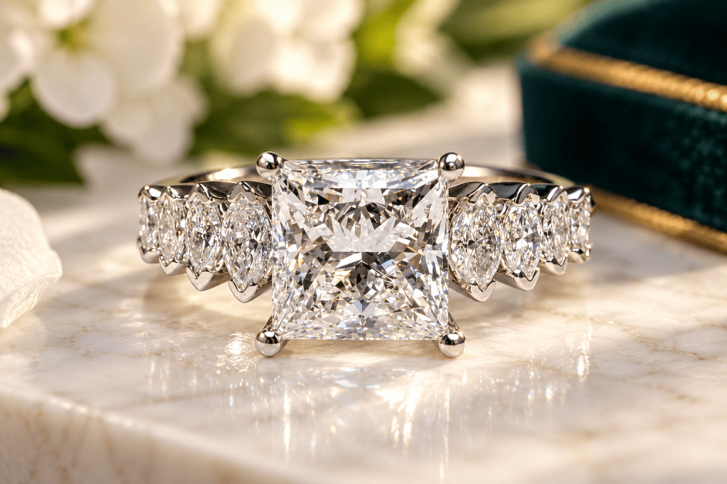 Custom princess-cut diamond engagement ring with graduated marquise side stones, designed by Jennifer Derrig