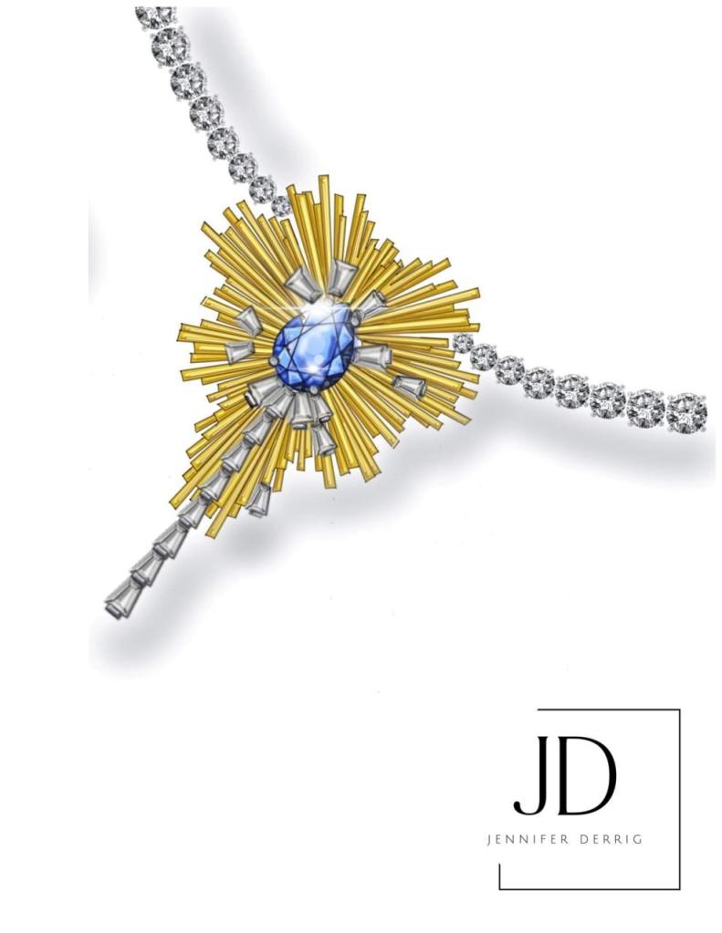 Jennifer Derrig jewelry design rendering: sapphire sunburst pendant with gold rays and diamond baguettes on a diamond tennis necklace