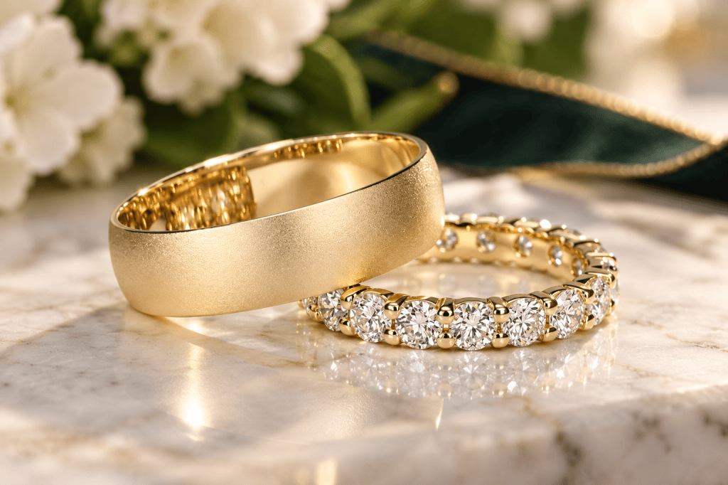 Custom yellow gold brushed wedding band paired with a diamond eternity ring, designed by Jennifer Derrig