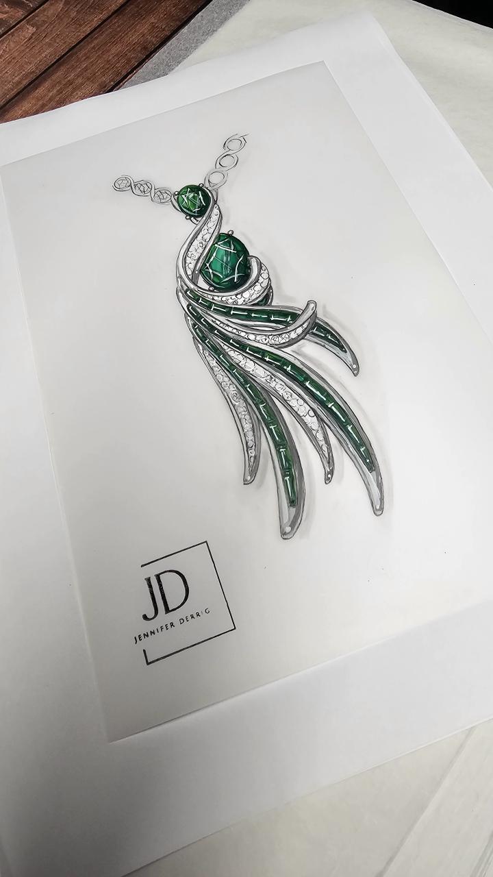 Hand-rendered jewelry sketch by Jennifer Derrig: emerald and diamond plume pendant with channel-set emerald baguettes