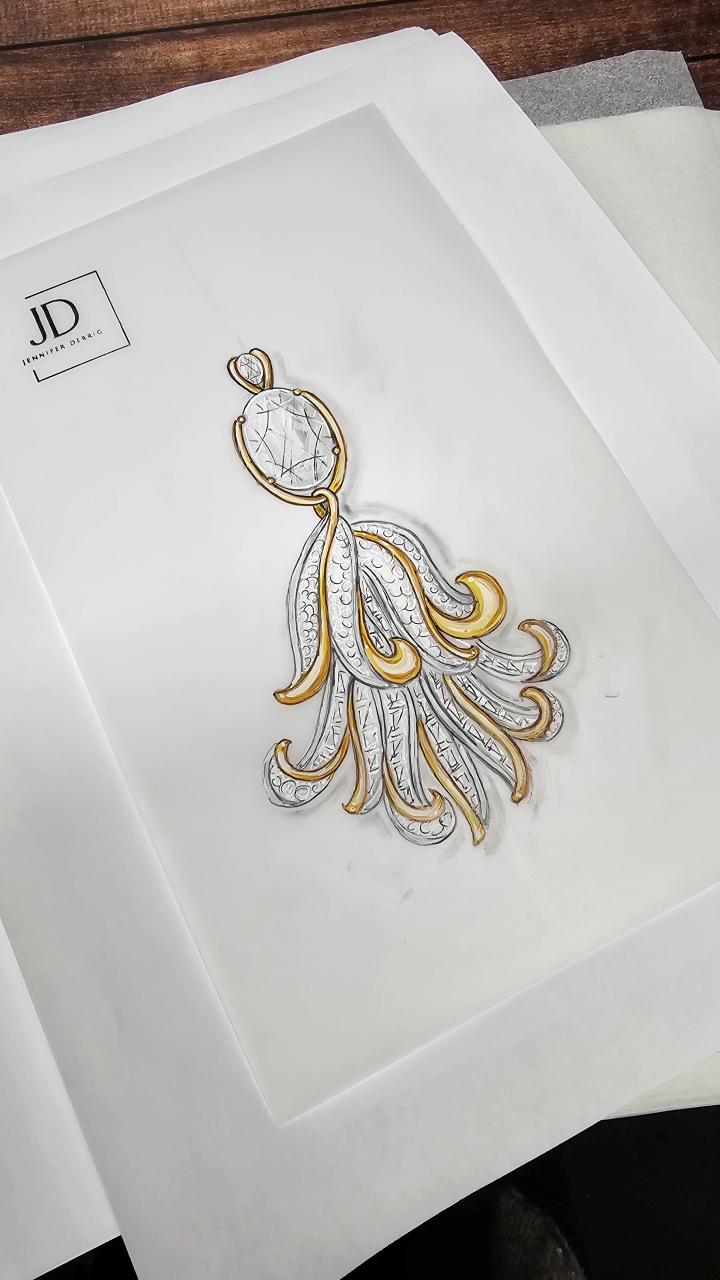 Hand-rendered jewelry sketch by Jennifer Derrig: oval gemstone pendant with a flowing gold and pave diamond tassel