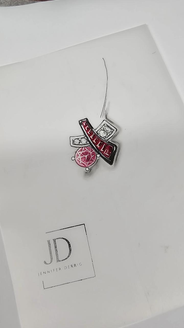 Hand-rendered jewelry sketch by Jennifer Derrig: crossover pendant with channel-set rubies, diamonds and a round pink gemstone