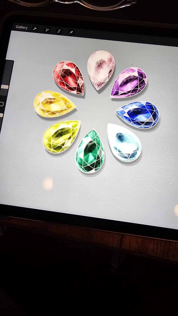 Digital gemstone rendering study by Jennifer Derrig: pear-cut gems in ruby, morganite, amethyst, sapphire, aquamarine, emerald, peridot and citrine