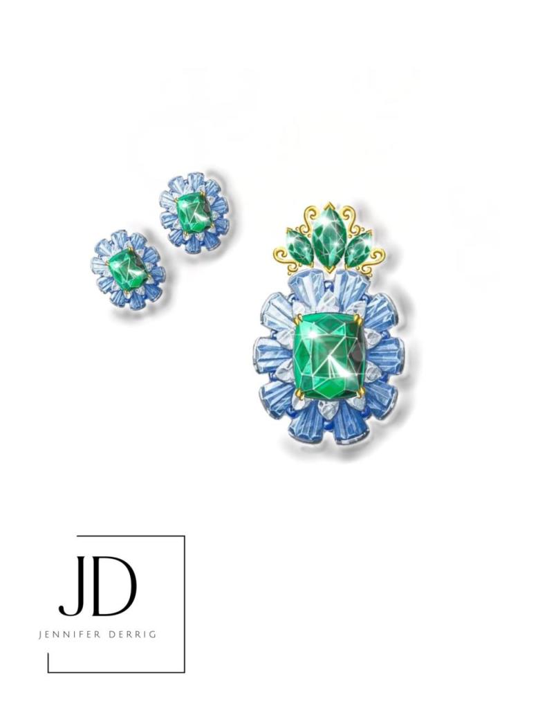 Jennifer Derrig jewelry design rendering: cushion-cut emerald earrings and pendant framed in blue sapphire baguettes with marquise emerald crown