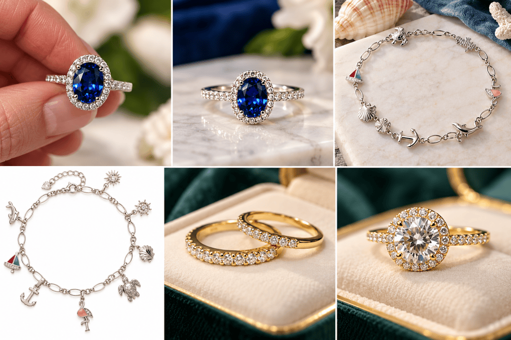 Custom jewelry by Jennifer Derrig: oval sapphire halo ring, nautical charm bracelets, gold diamond band set and gold round halo engagement ring